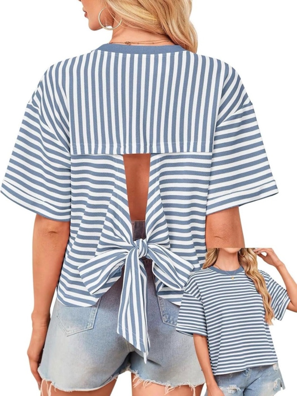 Women's Blue and White Striped Tie-Back Short Sleeve Tee